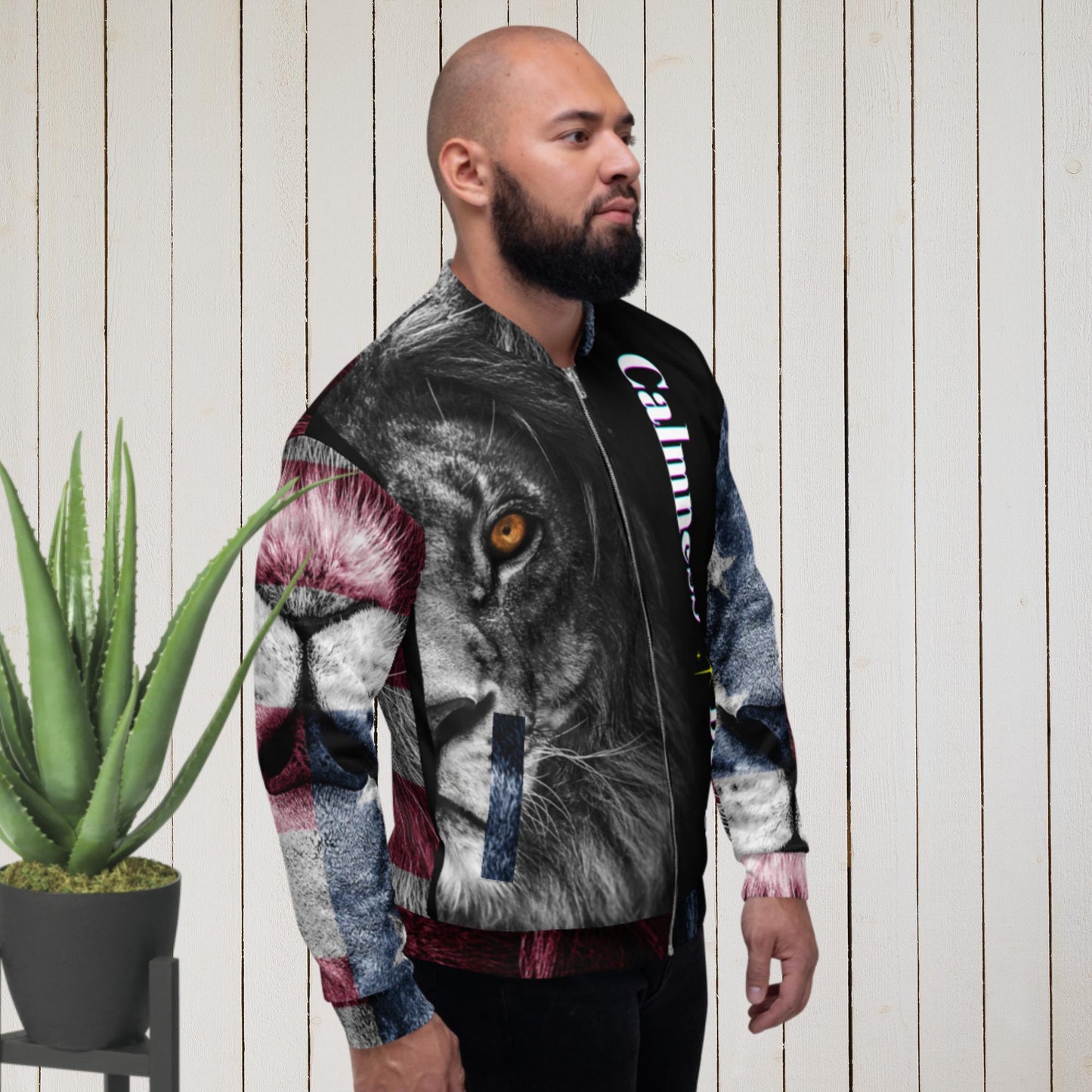 Born-Wild and Free, Lions-Head, USA-Flag, Unisex Bomber Jacket