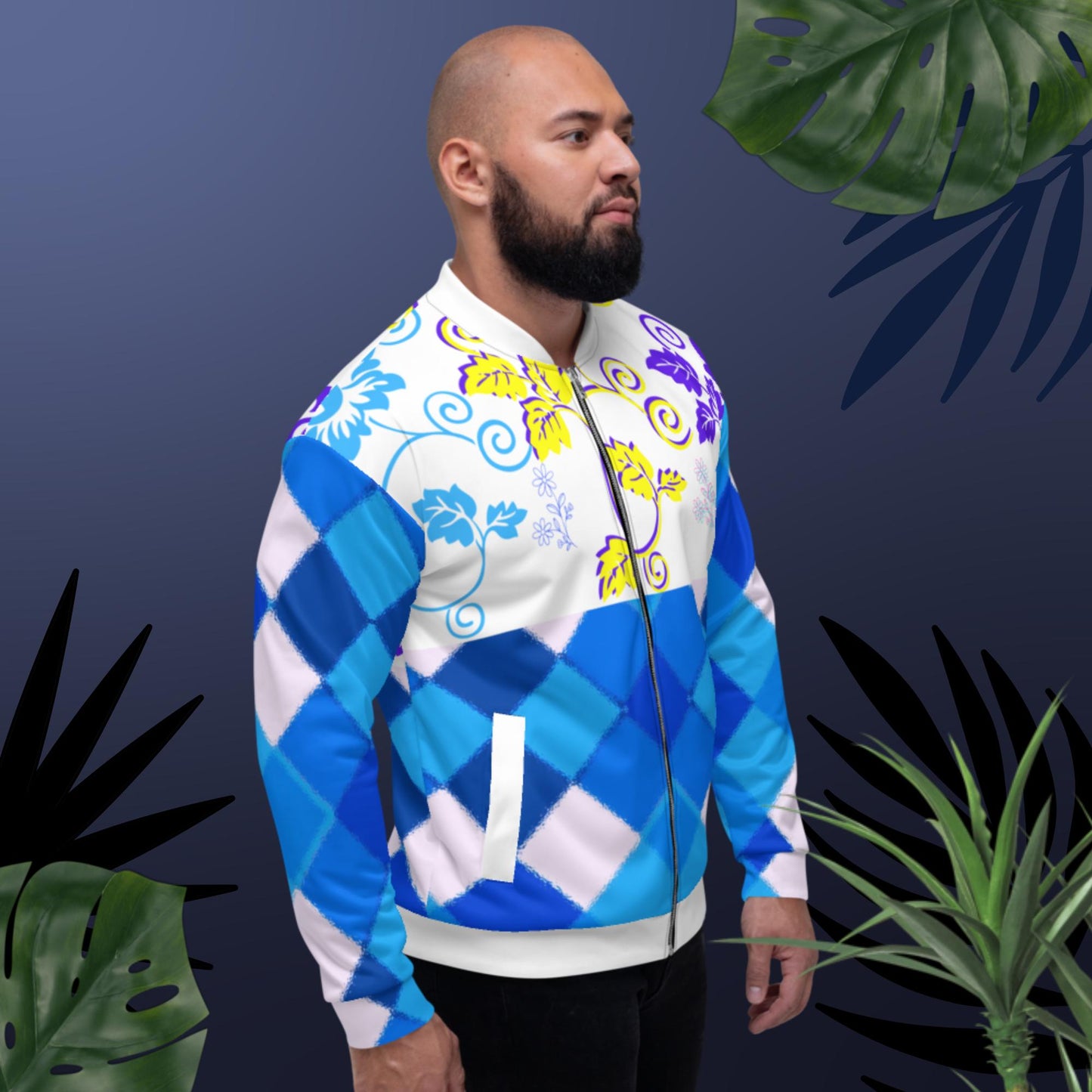 Seamless Multicolored Triangle Pattern, Garden-Flowers, Bomber Jacket
