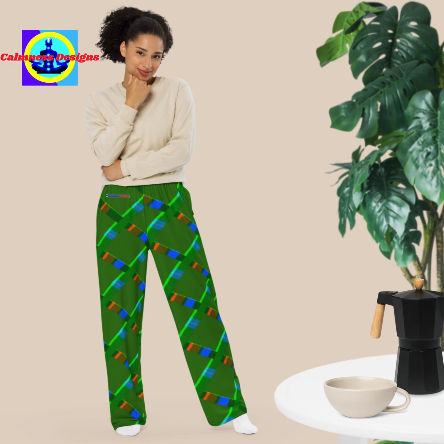 Calmness Designs Grid-Lines, All-over print unisex wide-leg pants