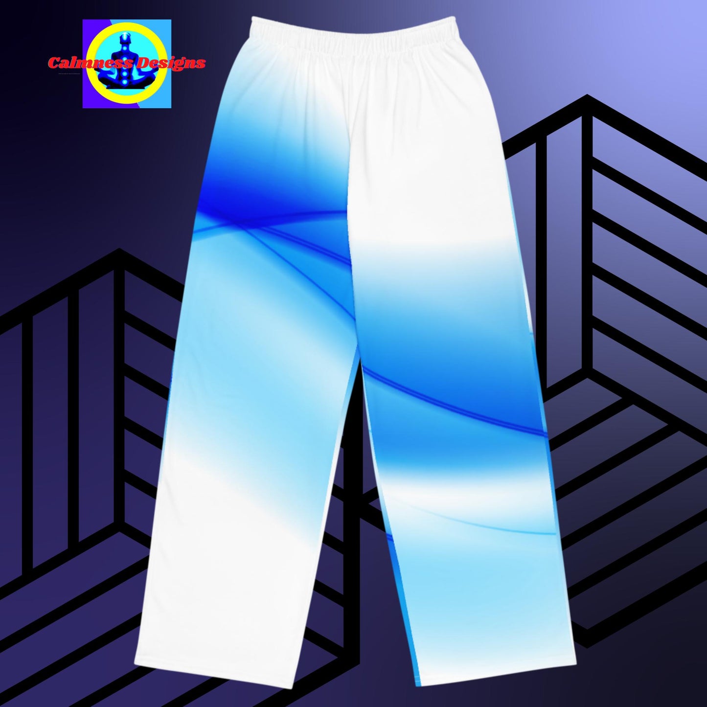 Shiny Blue Gradient Waves, All-over print unisex wide-leg pants