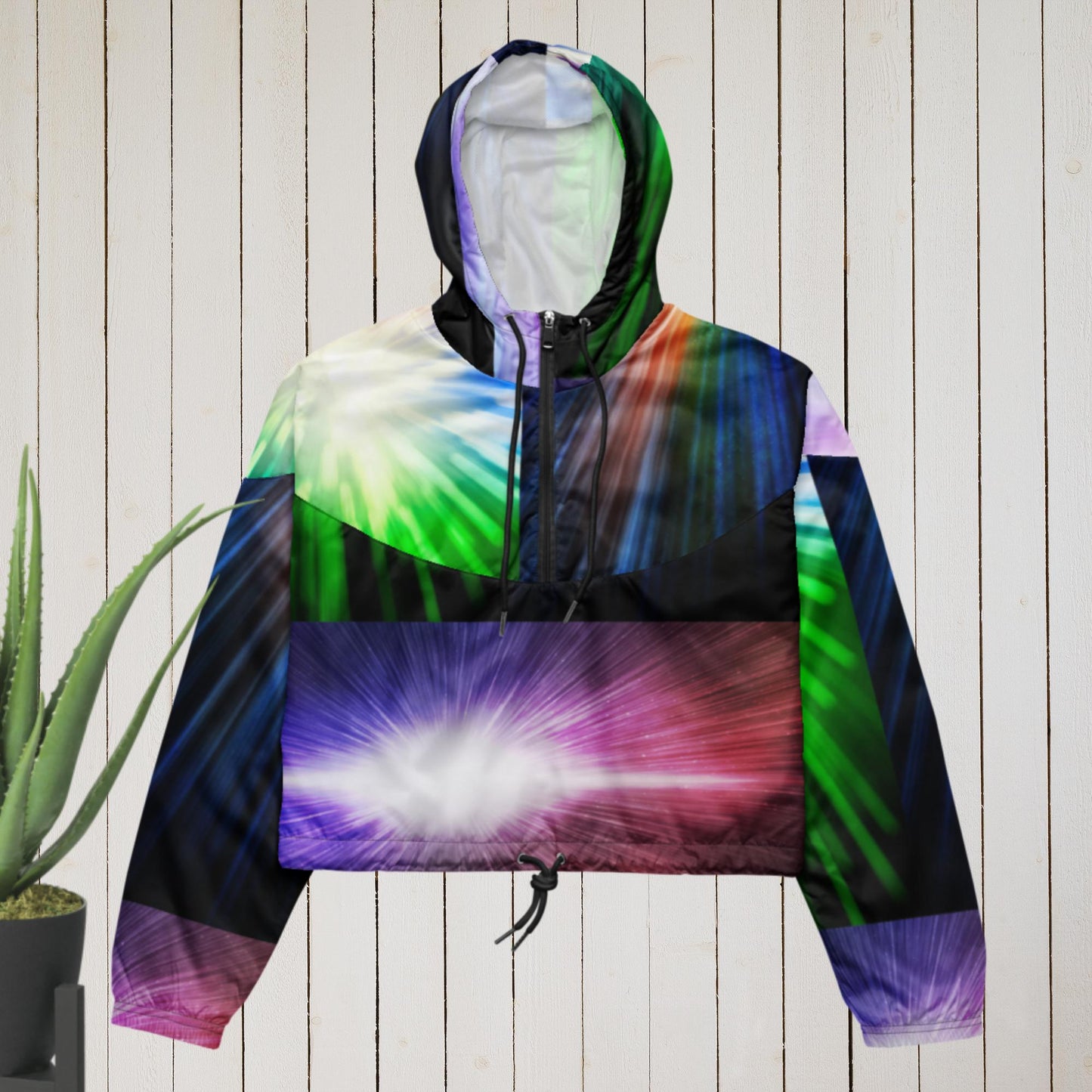 Big bang effect on bright blue galaxy sky, Women’s cropped windbreaker