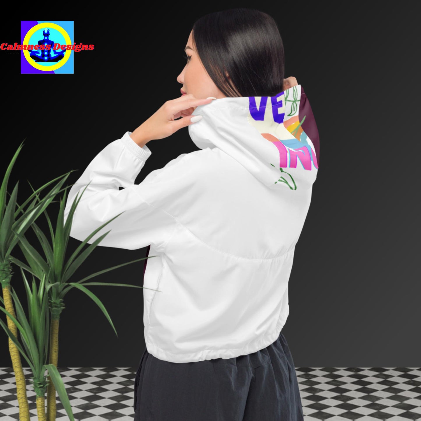 Positive Thinking Illustration, Beautiful Flowers, Hearts, Women’s cropped windbreaker