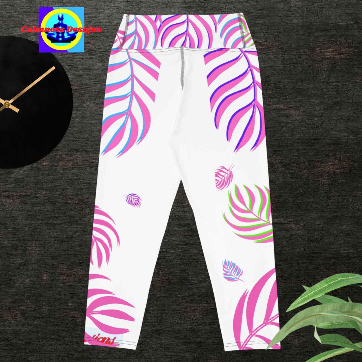 Pink October Leaves Areca Palm, Yoga Capri Leggings