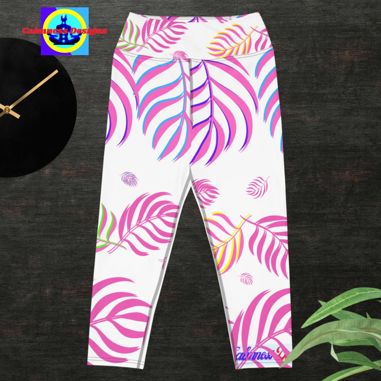 Pink October Leaves Areca Palm, Yoga Capri Leggings
