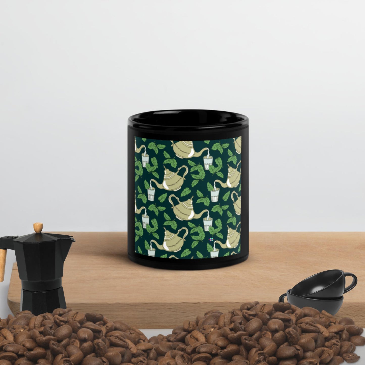Teapot With Glass and Mint Leaves, Black Glossy Mug