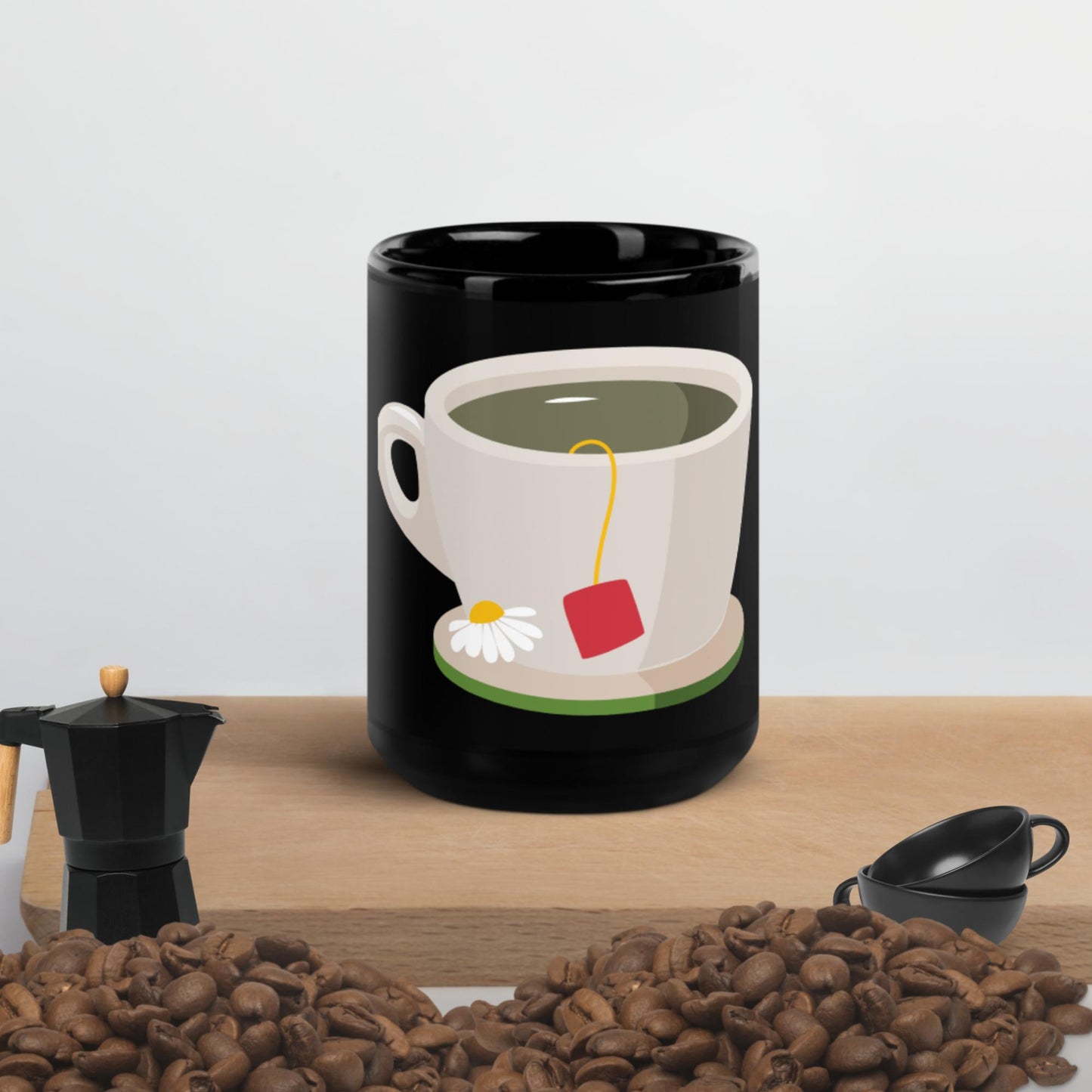 Chamomile Tea Icon, Black Glossy Mug