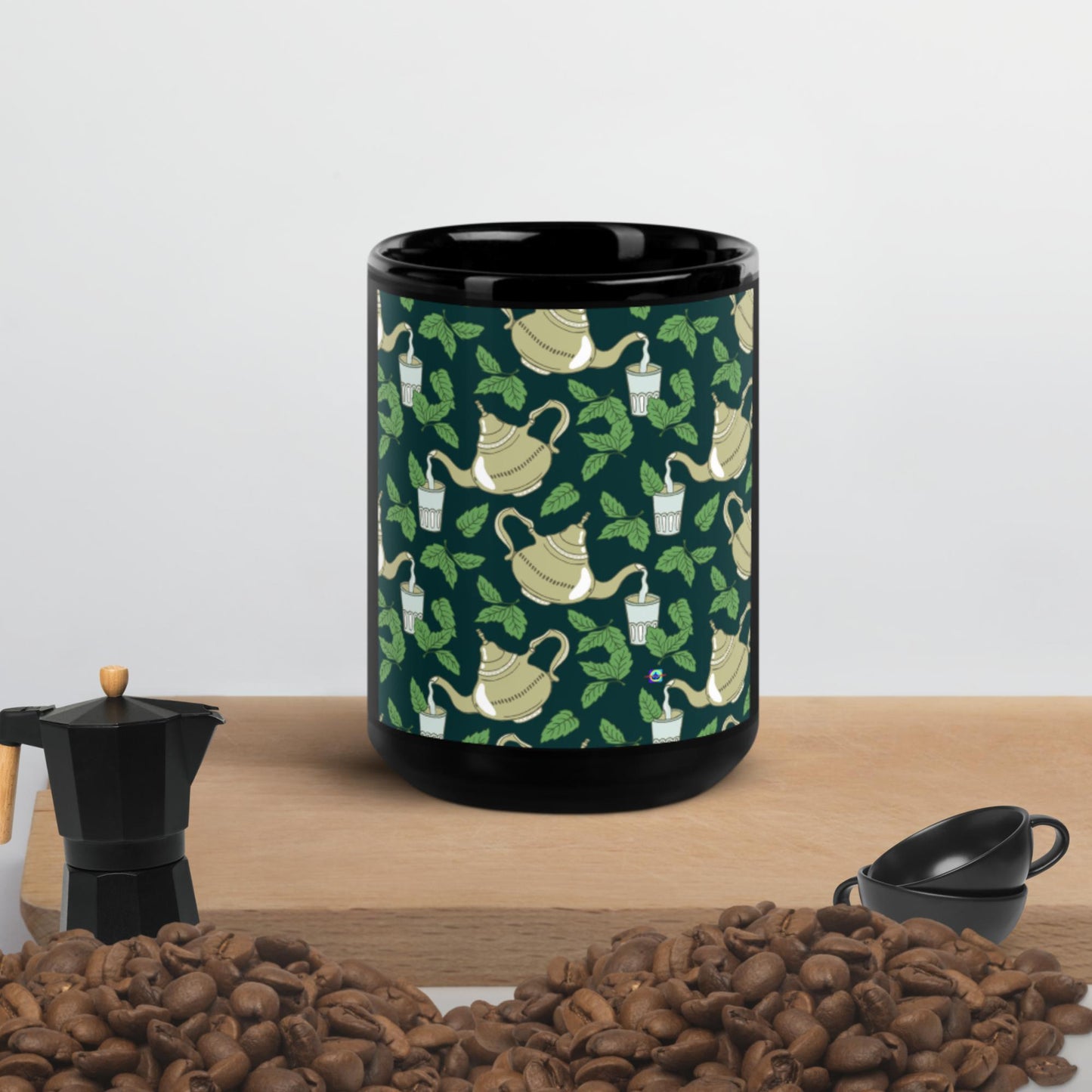 Teapot With Glass and Mint Leaves, Black Glossy Mug