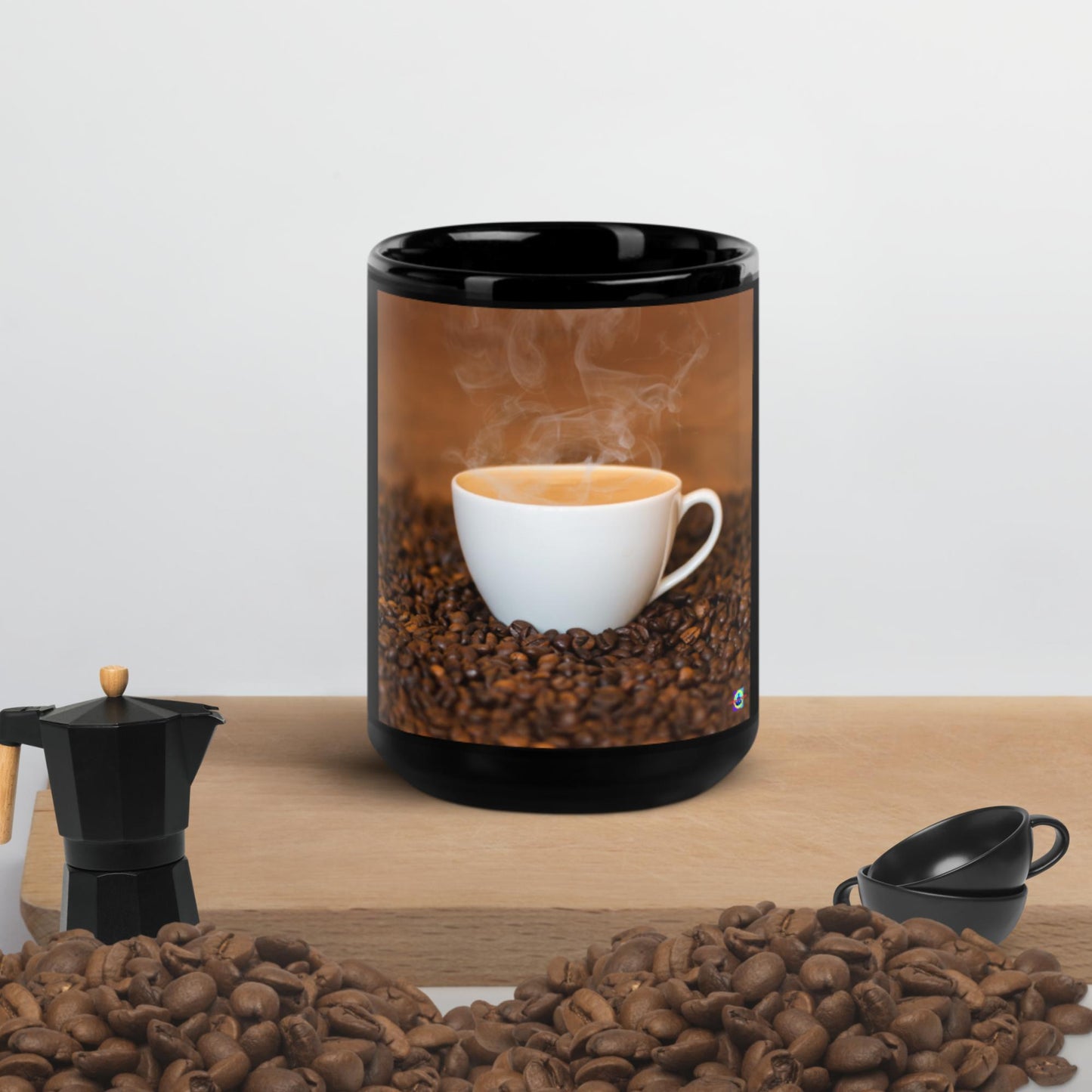 Hot- Coffee in Cup, Coffee Beans, Black Glossy Mug