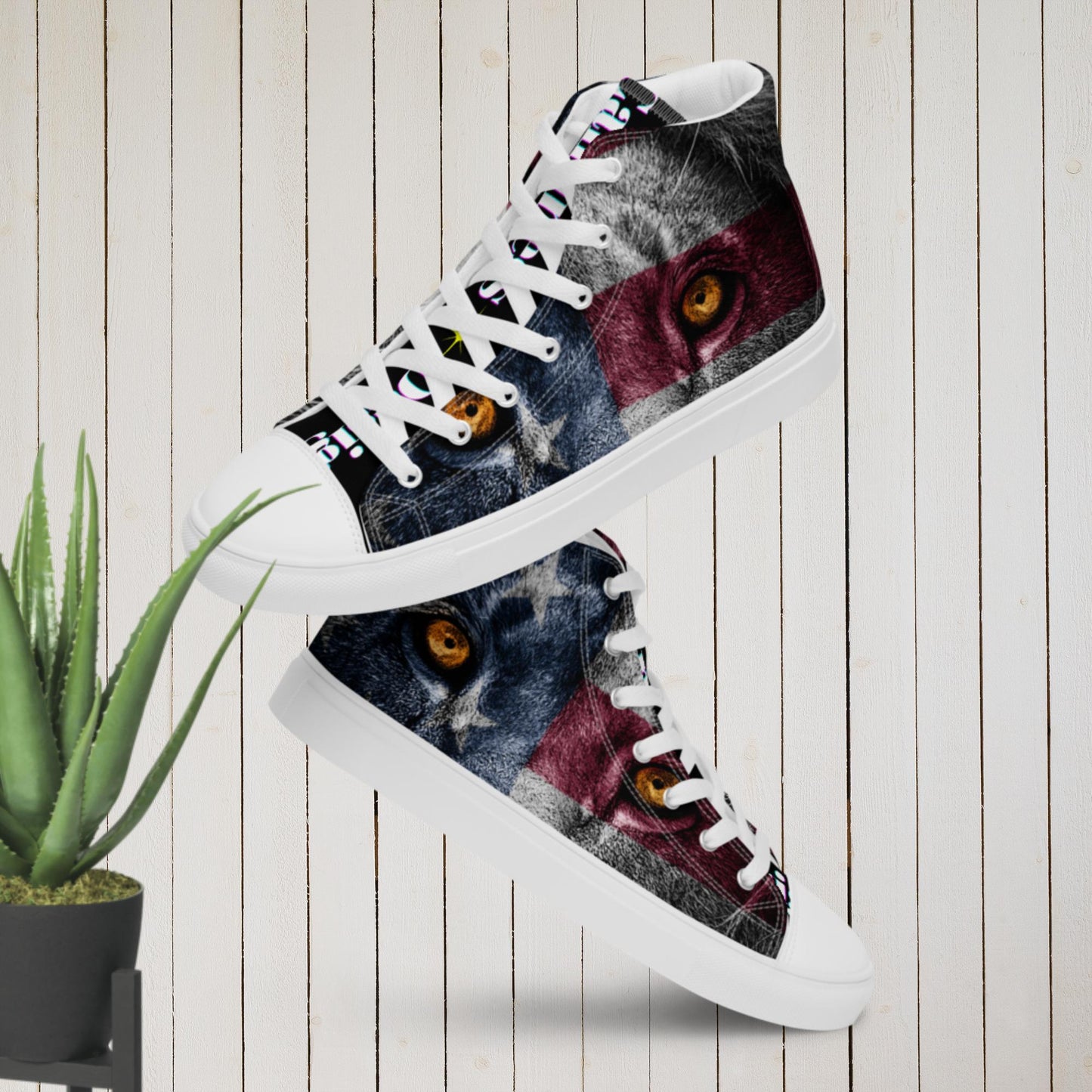 Born-Wild and Free, Lions-Head, USA-Flag, Men’s high top canvas shoes