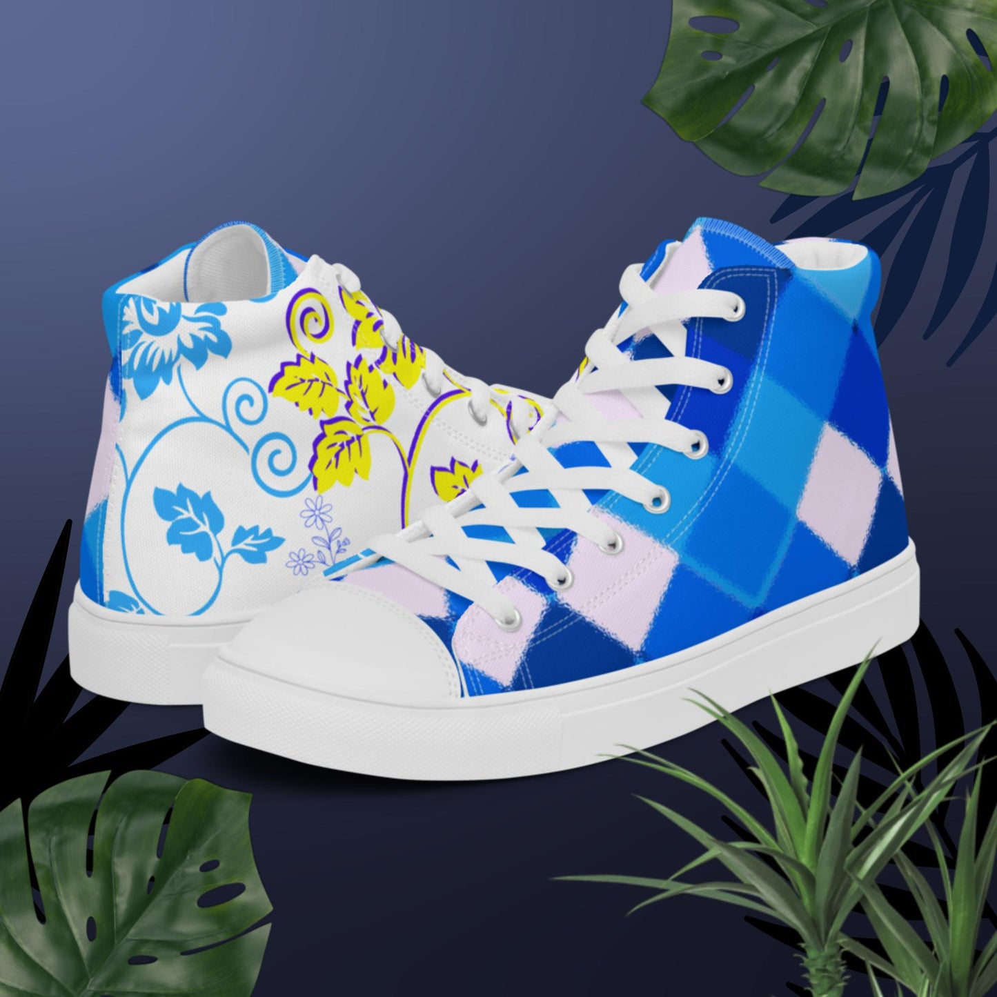 Seamless Multicolored Triangle Pattern, Garden-Flowers, Men’s high top canvas shoes
