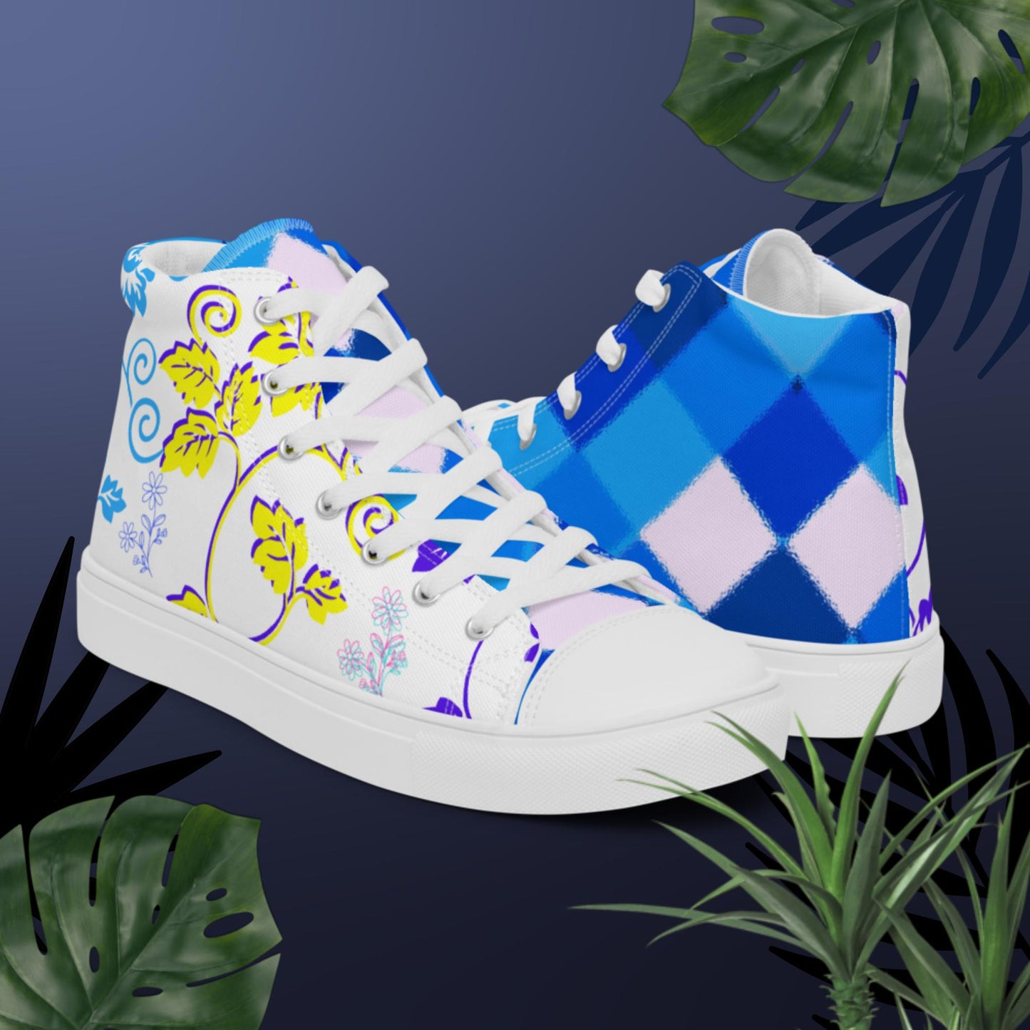 Seamless Multicolored Triangle Pattern, Garden-Flowers, Men’s high top canvas shoes