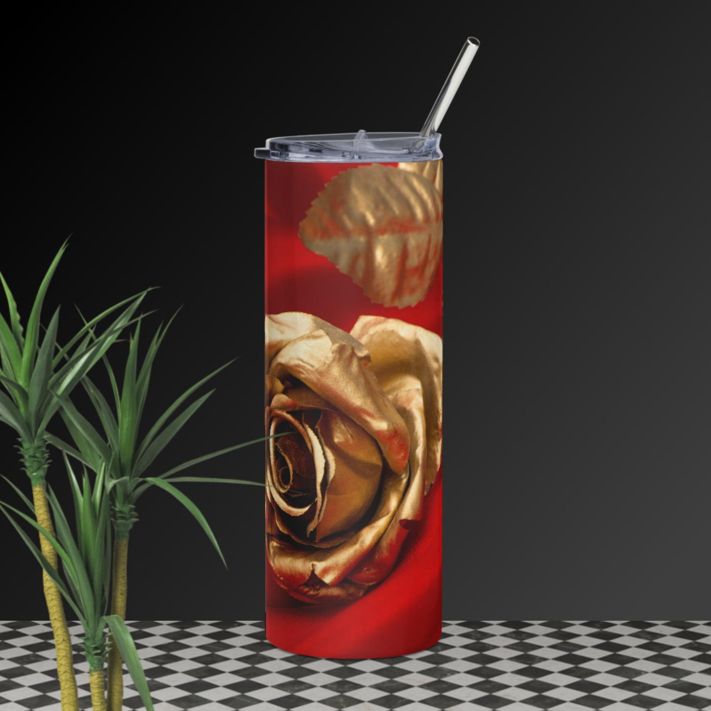 Golden rose, Red satin background, Stainless steel tumbler