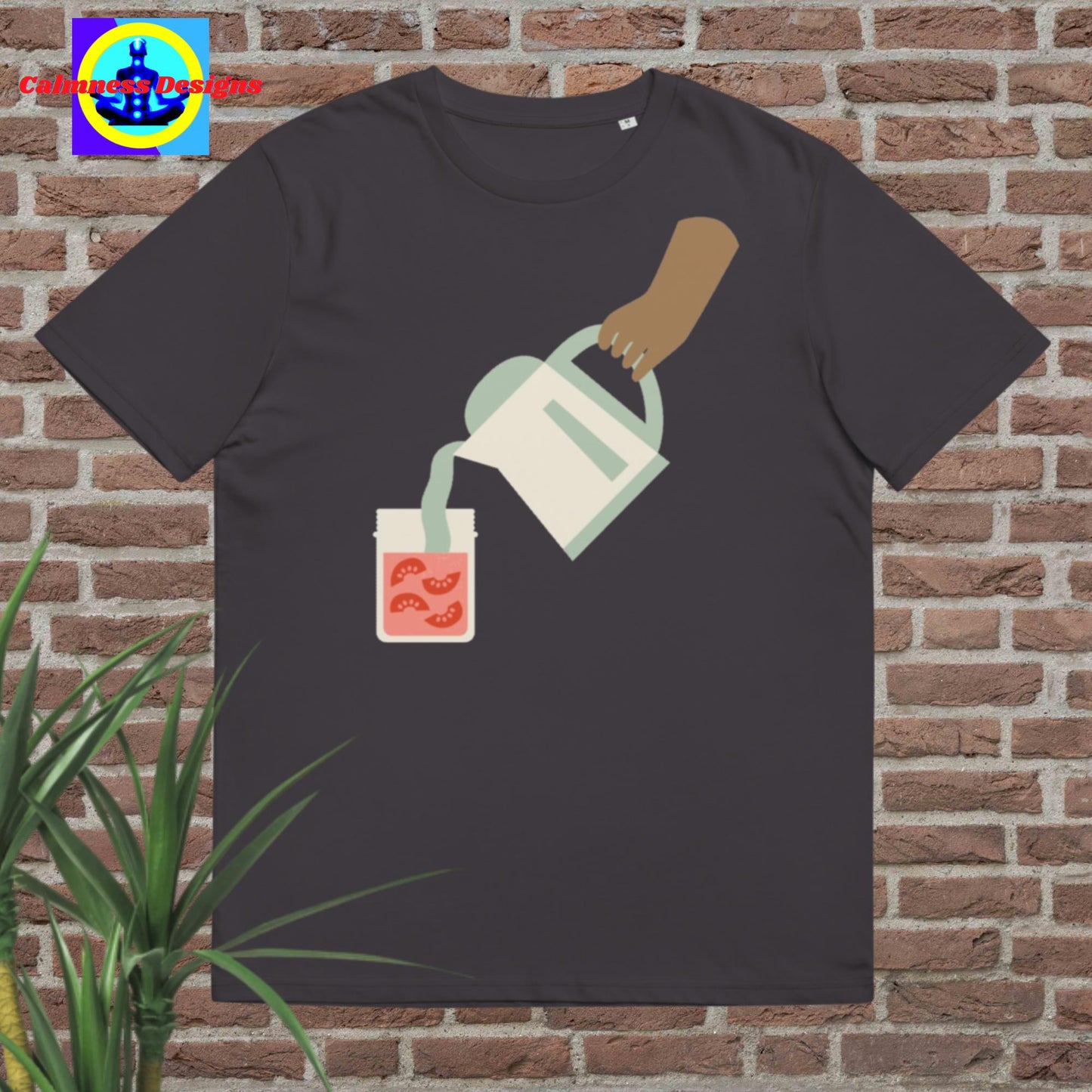 Hand Holding container-jar pouring juice in glass, Unisex organic cotton t-shirt