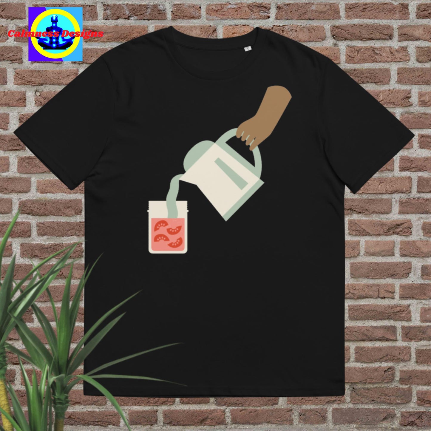 Hand Holding container-jar pouring juice in glass, Unisex organic cotton t-shirt