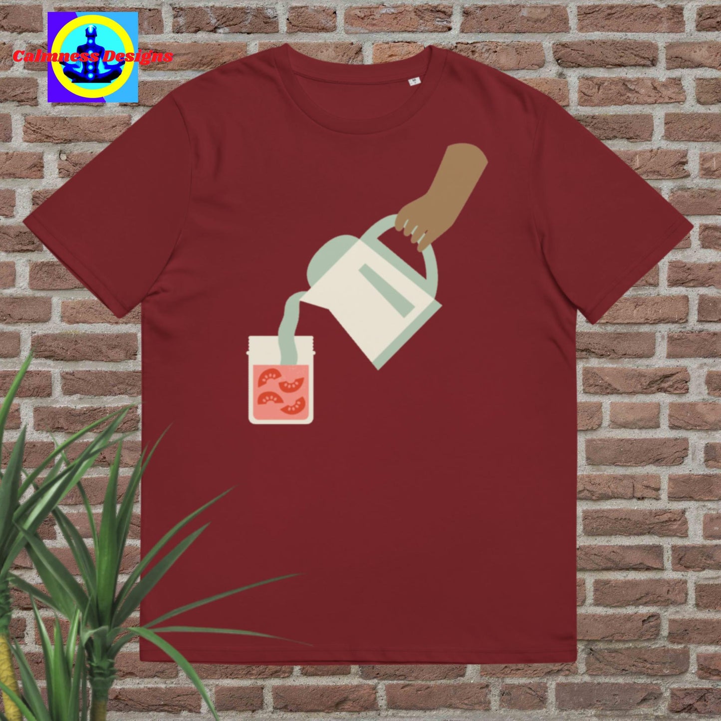 Hand Holding container-jar pouring juice in glass, Unisex organic cotton t-shirt