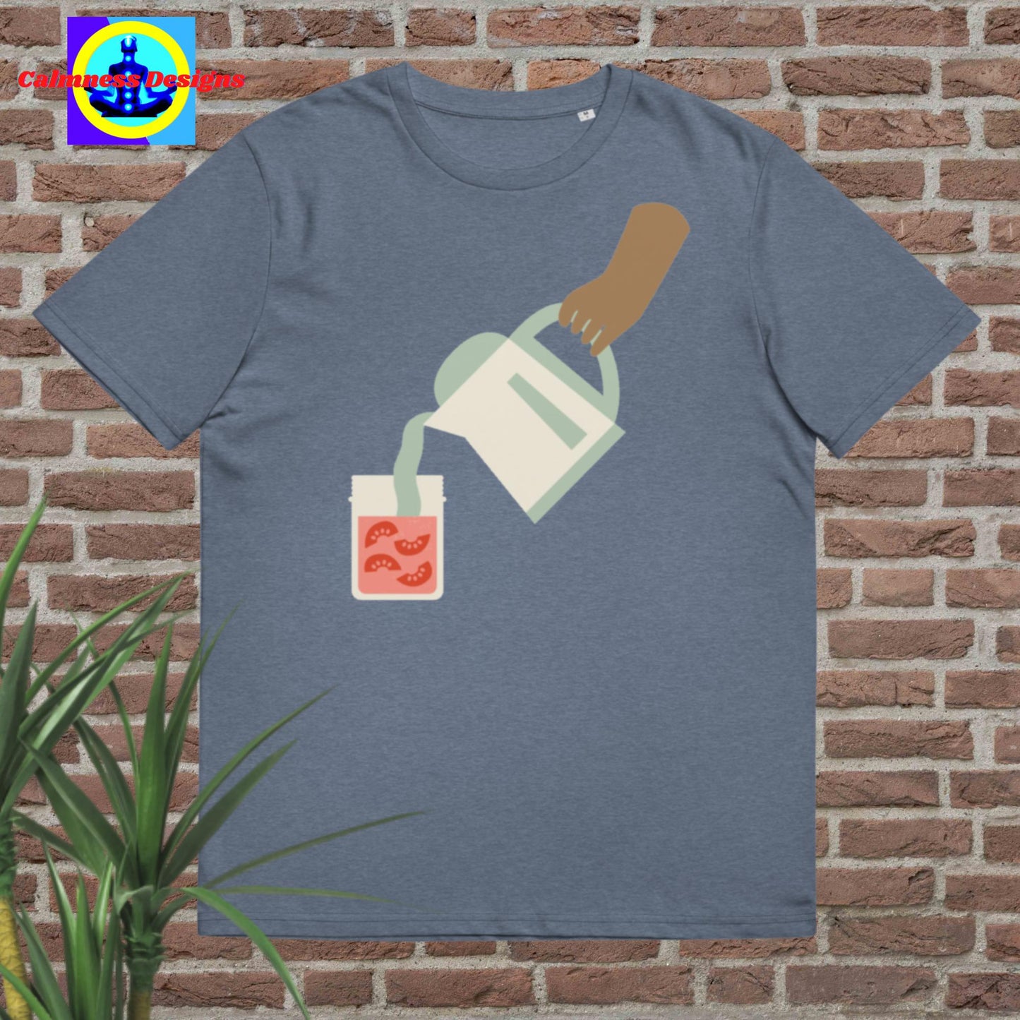 Hand Holding container-jar pouring juice in glass, Unisex organic cotton t-shirt