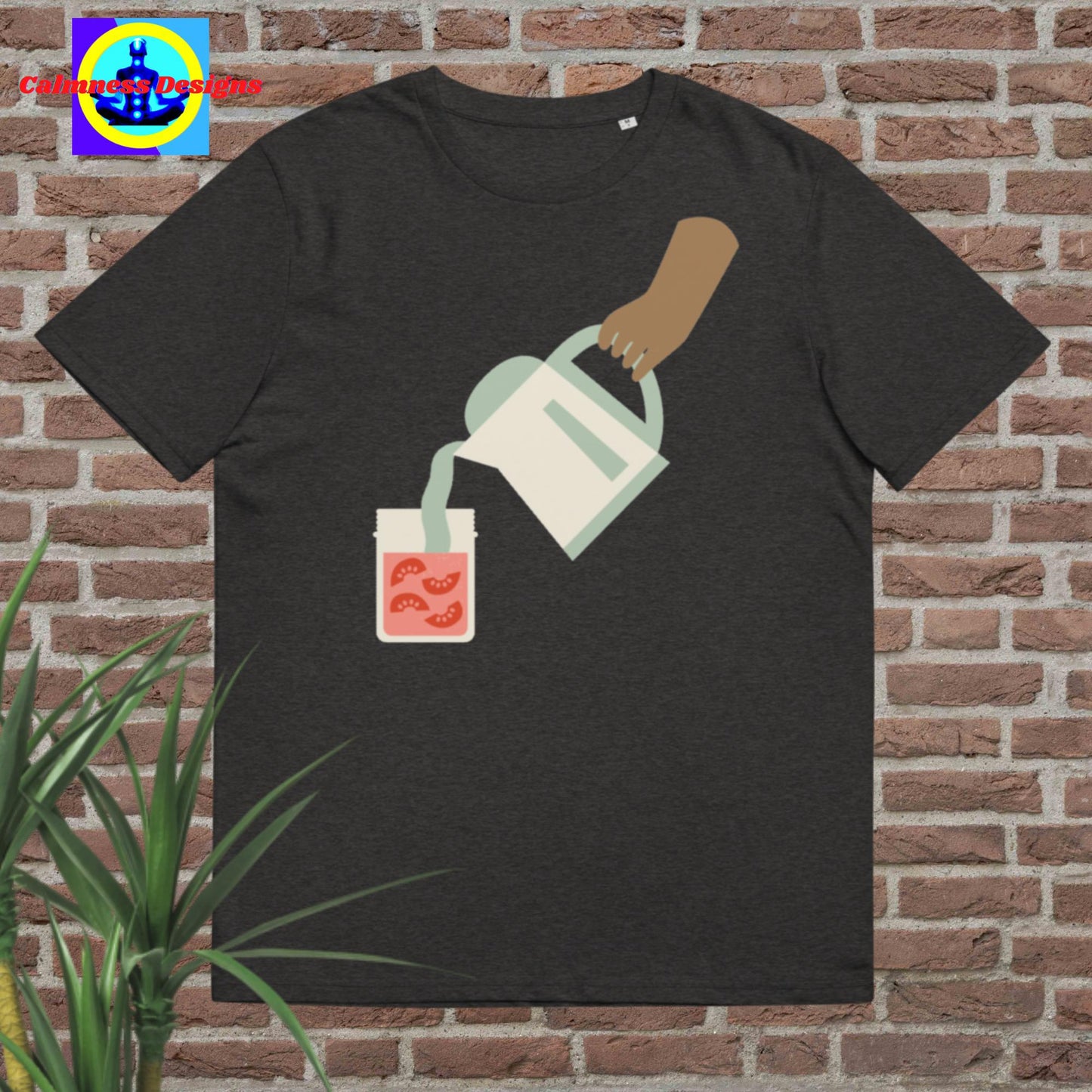 Hand Holding container-jar pouring juice in glass, Unisex organic cotton t-shirt