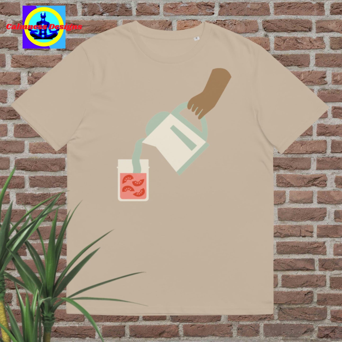 Hand Holding container-jar pouring juice in glass, Unisex organic cotton t-shirt