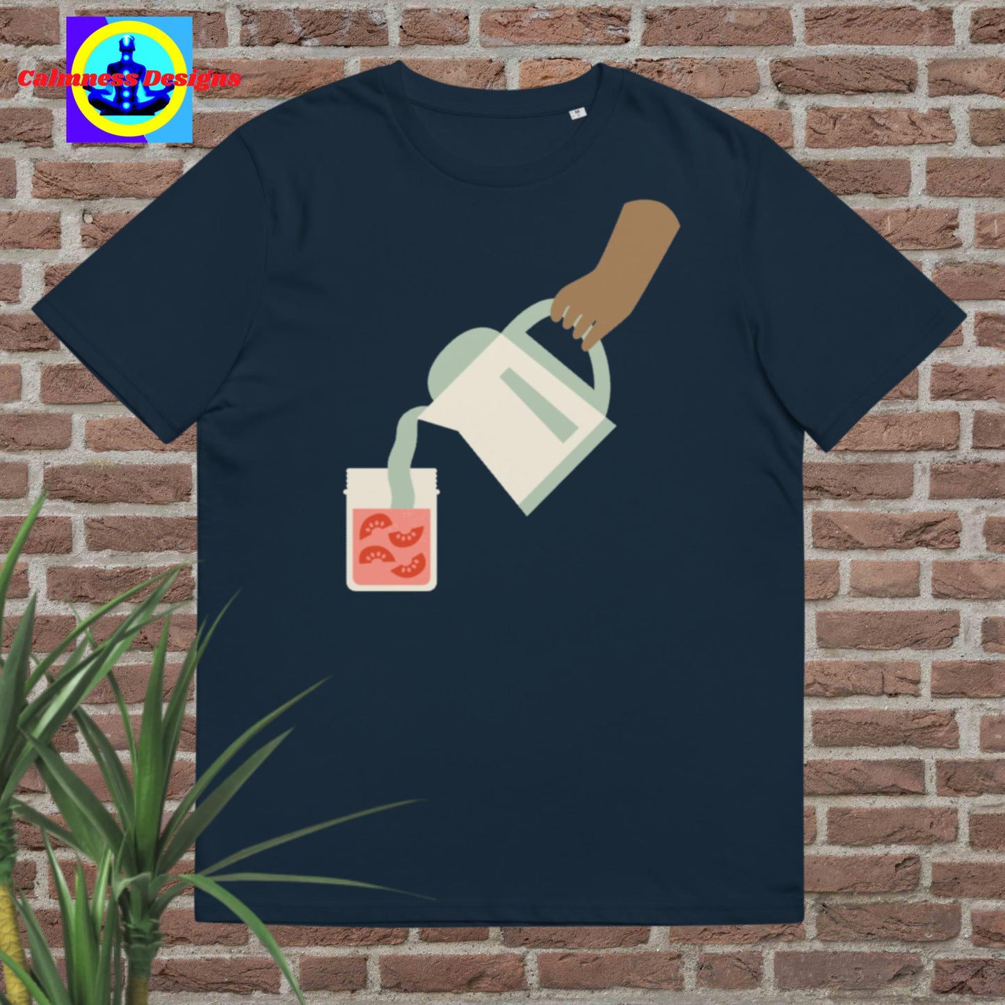 Hand Holding container-jar pouring juice in glass, Unisex organic cotton t-shirt