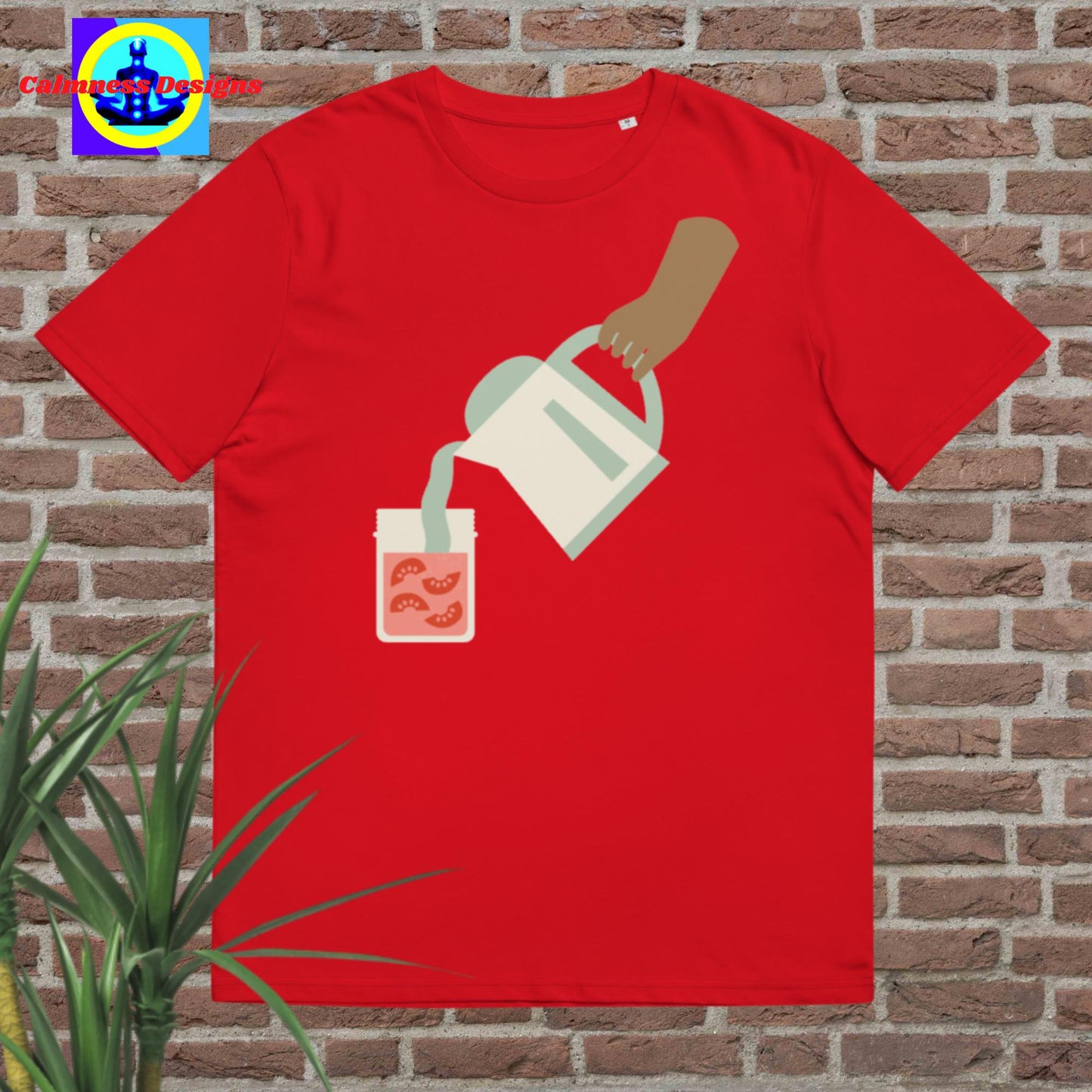 Hand Holding container-jar pouring juice in glass, Unisex organic cotton t-shirt