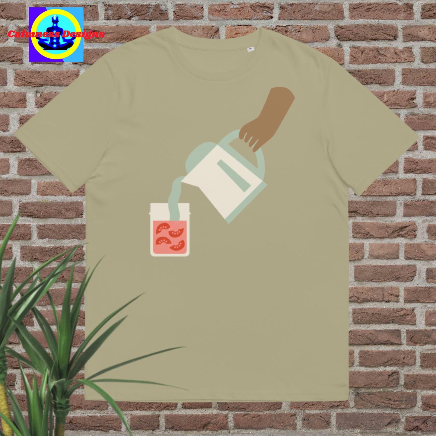 Hand Holding container-jar pouring juice in glass, Unisex organic cotton t-shirt