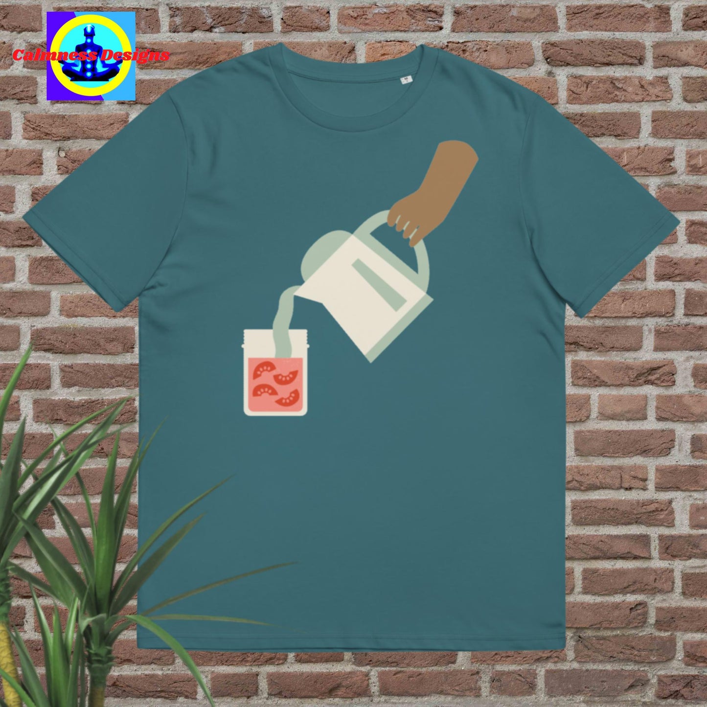 Hand Holding container-jar pouring juice in glass, Unisex organic cotton t-shirt