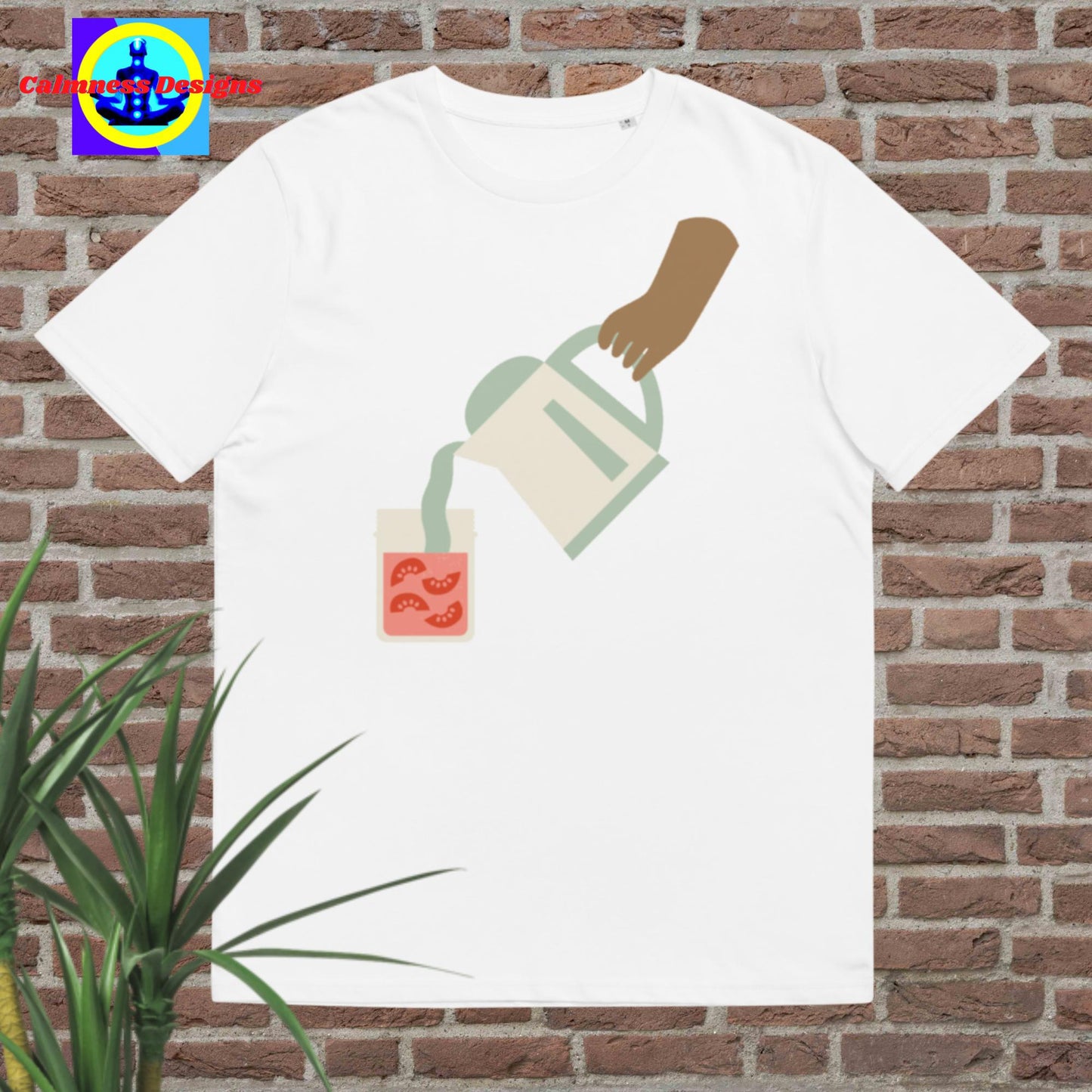 Hand Holding container-jar pouring juice in glass, Unisex organic cotton t-shirt