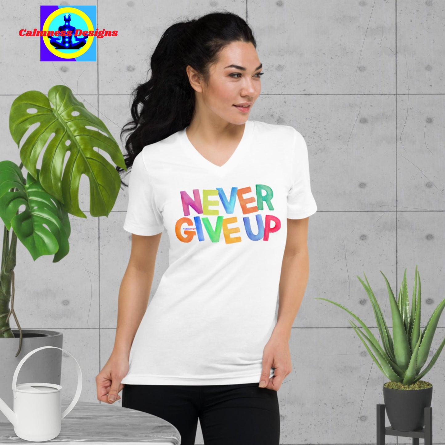 Never Give Up, Unisex Short Sleeve V-Neck T-Shirt