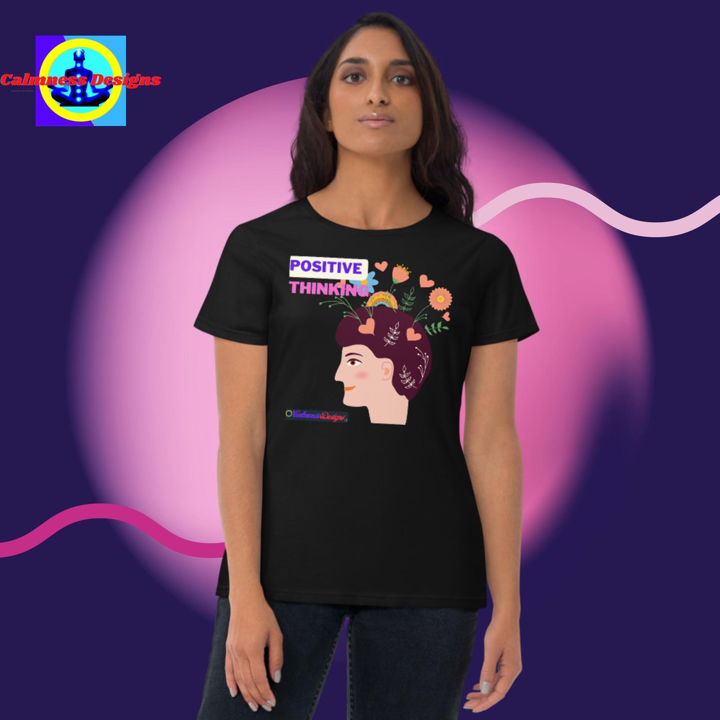 Positive Thinking Illustration, Beautiful Flowers, Hearts, Women's short sleeve t-shirt