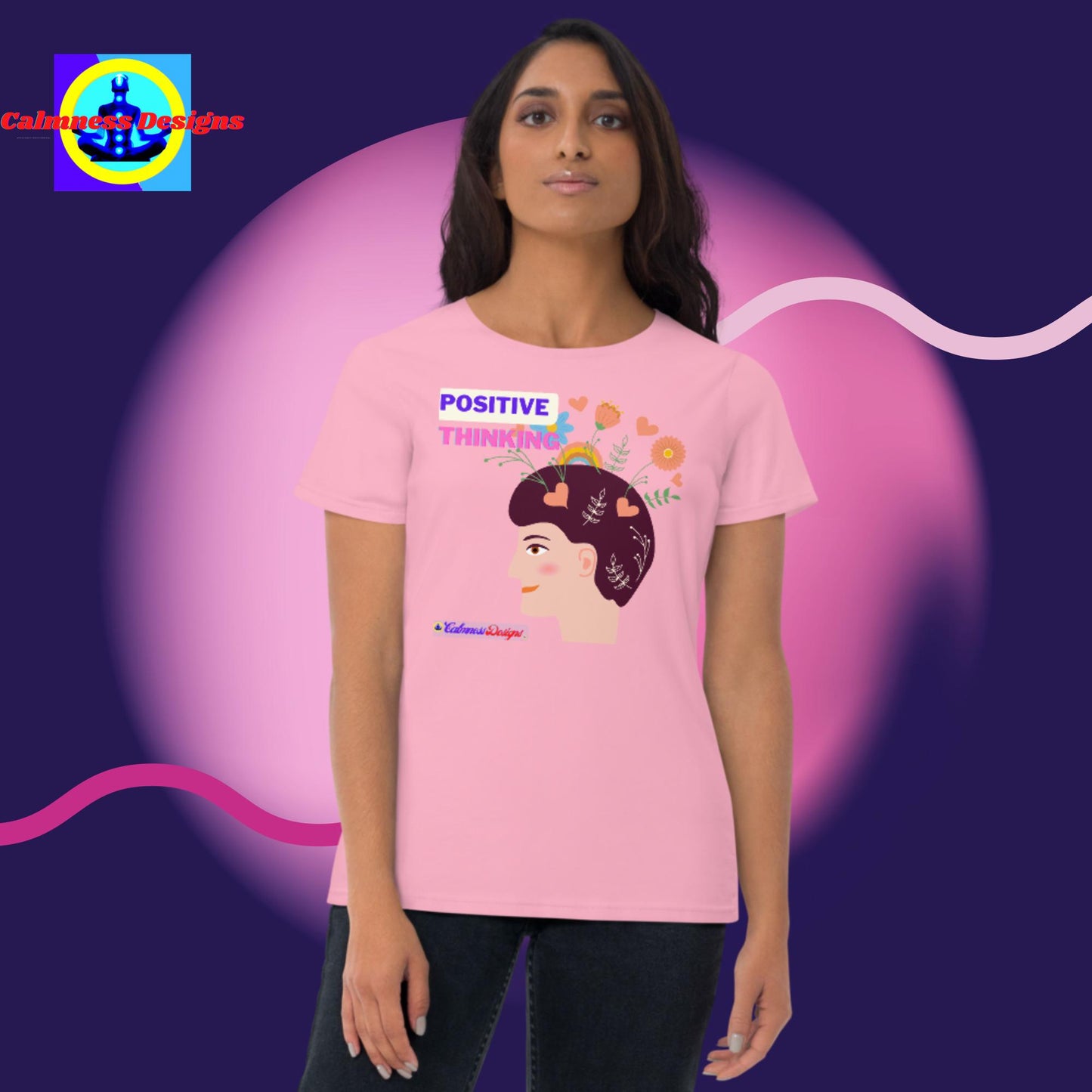 Positive Thinking Illustration, Beautiful Flowers, Hearts, Women's short sleeve t-shirt