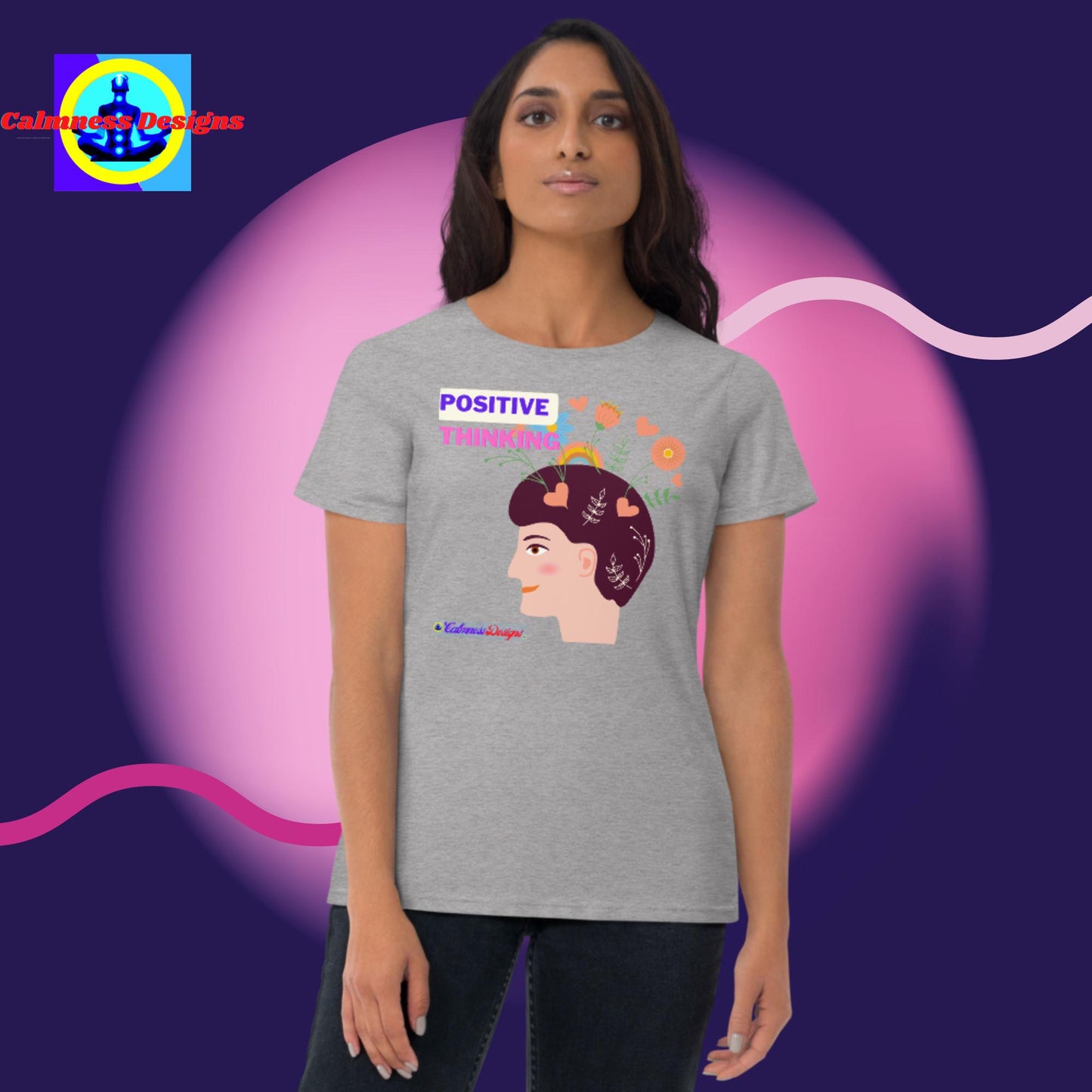 Positive Thinking Illustration, Beautiful Flowers, Hearts, Women's short sleeve t-shirt