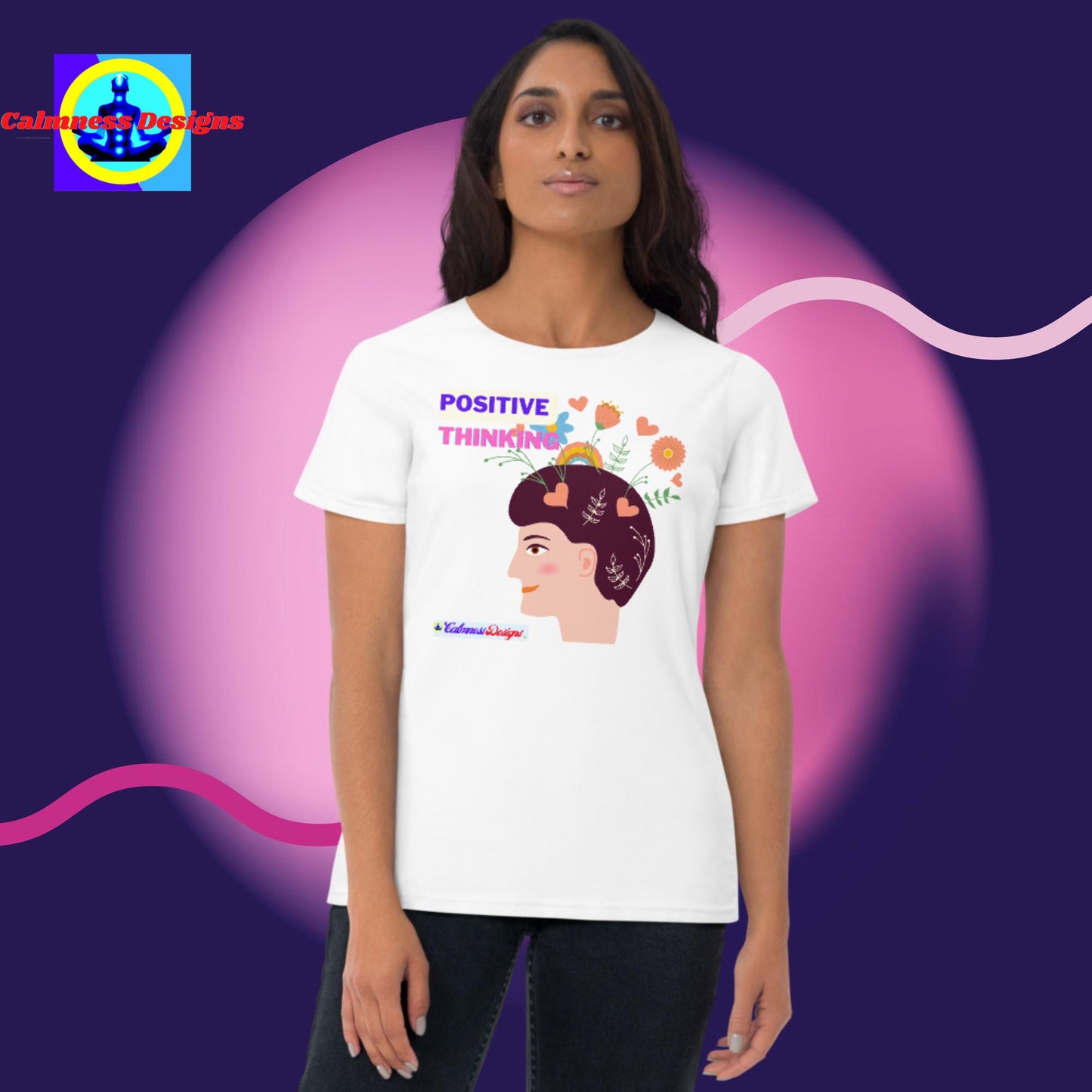 Positive Thinking Illustration, Beautiful Flowers, Hearts, Women's short sleeve t-shirt