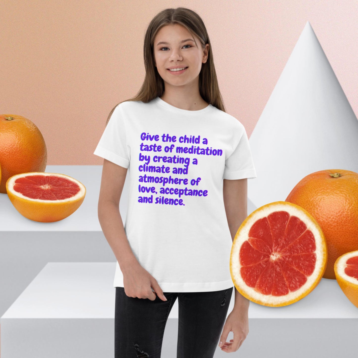 Give the child a taste of meditation by create a climate and atmosphere of love, acceptance and silence., Youth jersey t-shirt