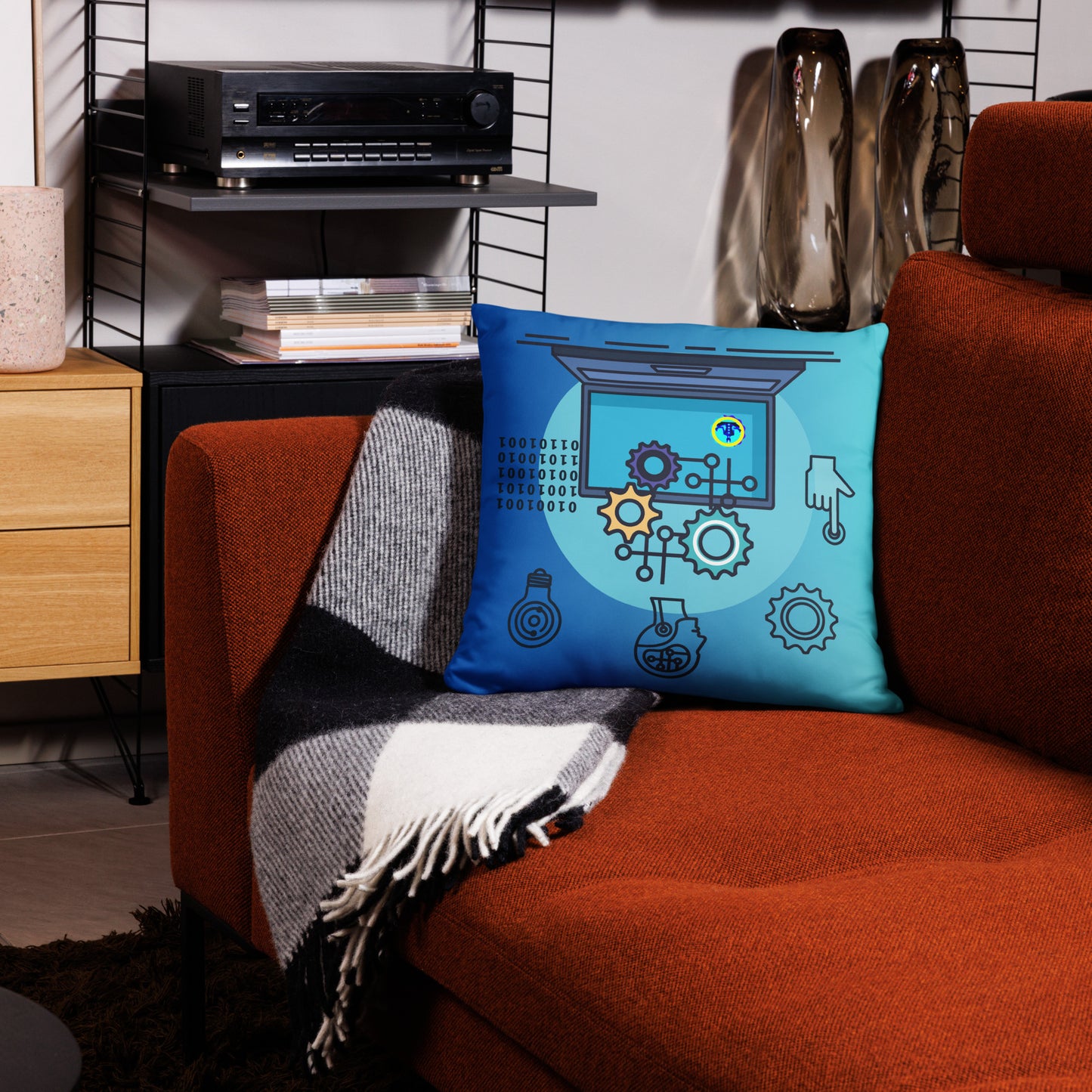 Laptop with Artificial  Intelligence, Head, Hand 1s and 0s, Nuts, Bolts,  CALMNESS DESIGNS,  Creative Designer's,  Pillow Case