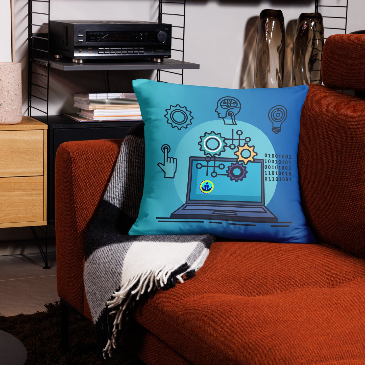 Laptop with Artificial  Intelligence, Head, Hand 1s and 0s, Nuts, Bolts,  CALMNESS DESIGNS,  Creative Designer's,  Pillow Case