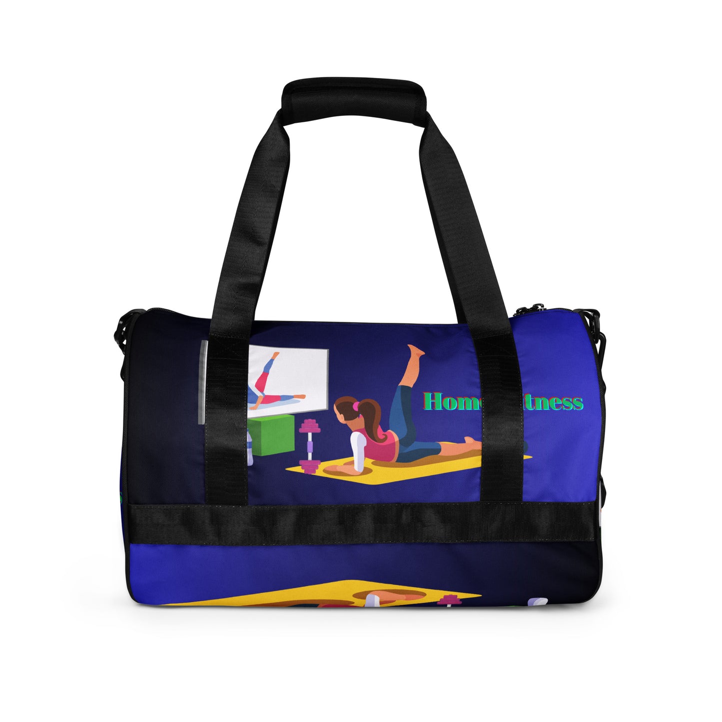 Home Fitness, TV, Water-Bottle, Woman doing Yoga, Pet-Cat, Fitness Equipment,  All-over print gym bag