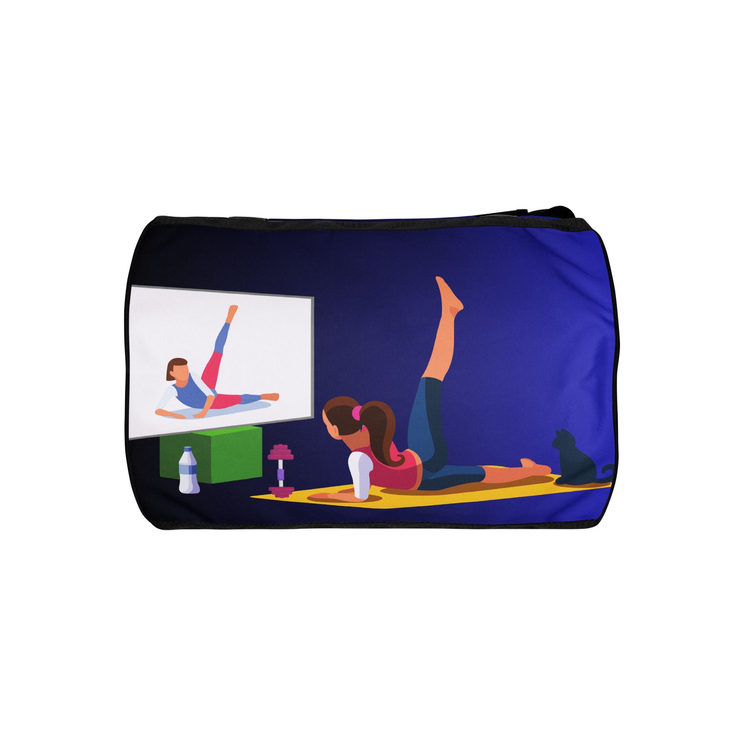 Home Fitness, TV, Water-Bottle, Woman doing Yoga, Pet-Cat, Fitness Equipment,  All-over print gym bag