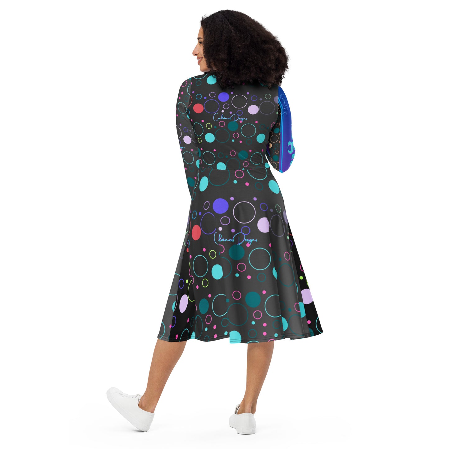 Float Bubble Pattern, (Designer's) Futuristic Frame,  CALMNESS DESIGNS,  Creative Designer's, All-over print long sleeve midi dress