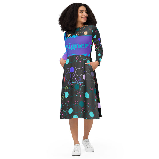 Float Bubble Pattern, (Designer's) Futuristic Frame,  CALMNESS DESIGNS,  Creative Designer's, All-over print long sleeve midi dress