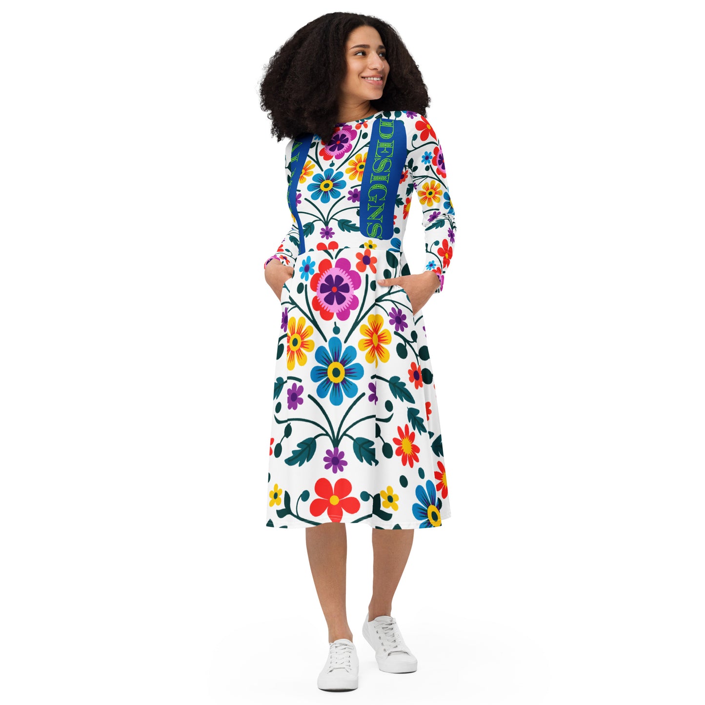 Mexican Embroidery Seamless Pattern, CALMNESS DESIGNS,  Creative Designer's,  All-over print long sleeve midi dress