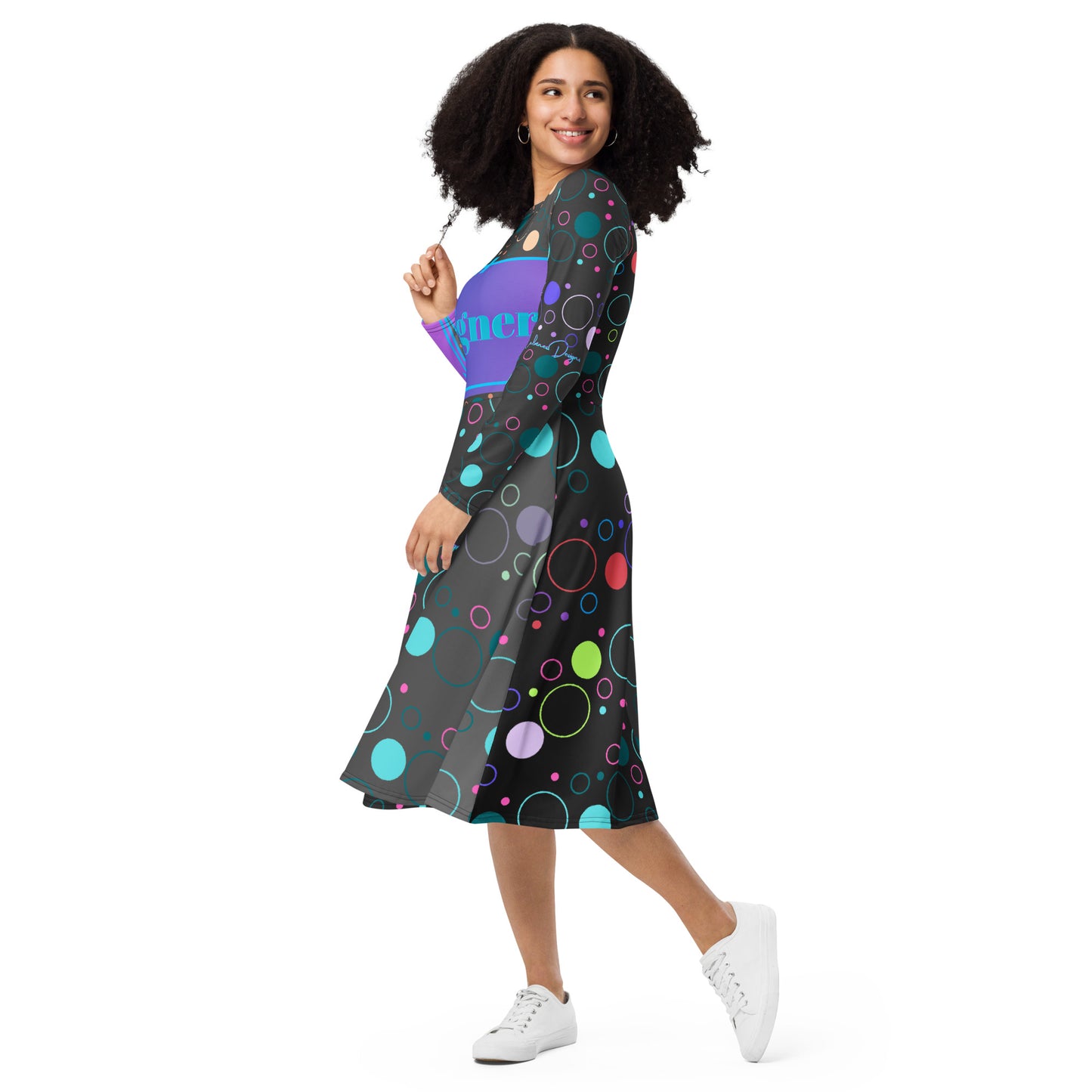 Float Bubble Pattern, (Designer's) Futuristic Frame,  CALMNESS DESIGNS,  Creative Designer's, All-over print long sleeve midi dress