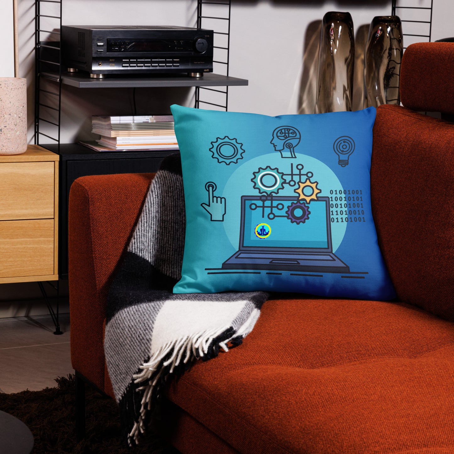 Laptop with Artificial  Intelligence, Head, Hand 1s and 0s, Nuts, Bolts,  CALMNESS DESIGNS,  Creative Designer's, Premium Pillow Case