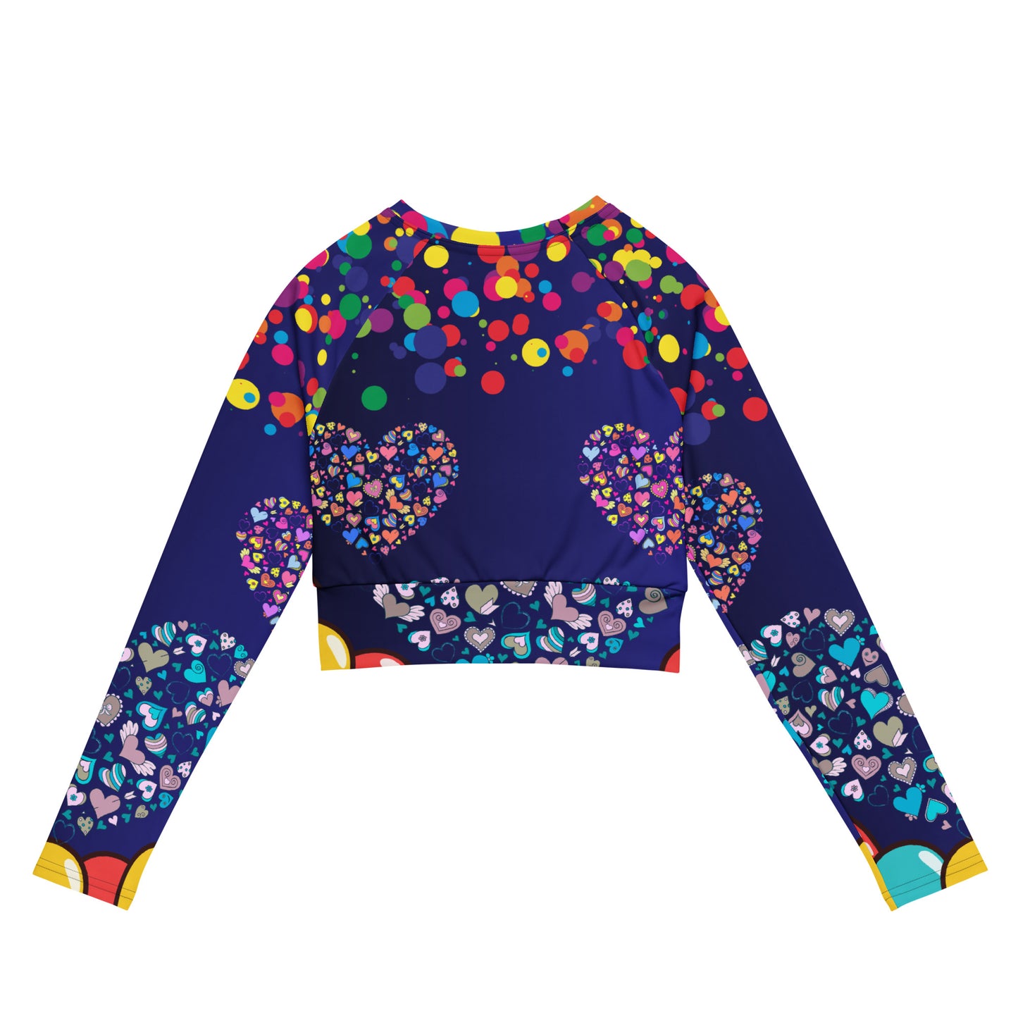 Hearts Pattern, Bunch of Balloon, Colorful Falling Confetti,  CALMNESS DESIGNS,  Creative Designer's,  Recycled long-sleeve crop top