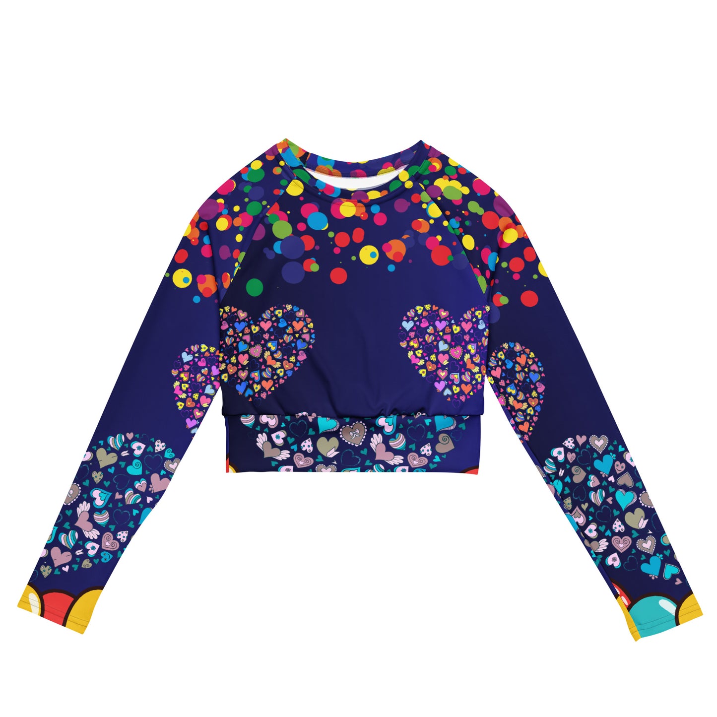 Hearts Pattern, Bunch of Balloon, Colorful Falling Confetti,  CALMNESS DESIGNS,  Creative Designer's,  Recycled long-sleeve crop top