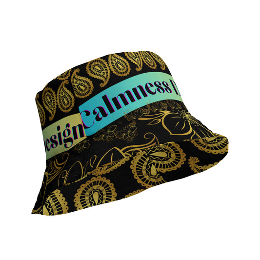 Frangipani Flower's Gold Line Art, Gold Paisley,   Reversible bucket hat