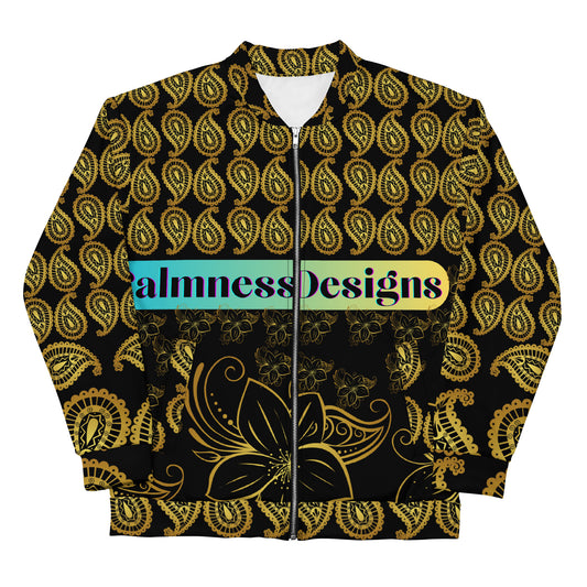 Frangipani Flower's Gold Line Art, Gold Paisley,   Unisex Bomber Jacket