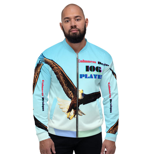 Calmness Designs, Bald Head, FLY-AWAY PLAYER 106  Unisex Bomber Jacket