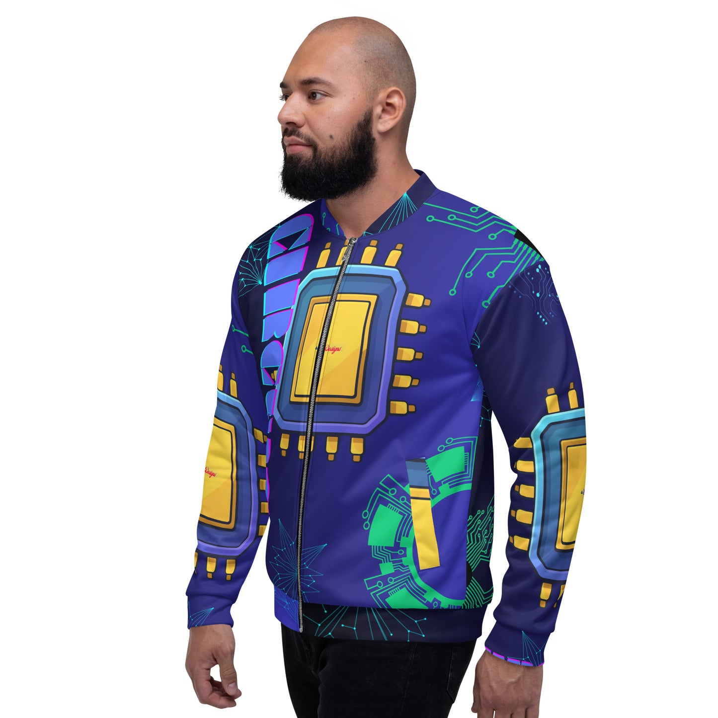 Circuit Board Technology, Hand Drawn Electronic Integrated Circuit, Digital Network Technology, CALMNESS DESIGNS,  Creative Designer's, Unisex Bomber Jacket