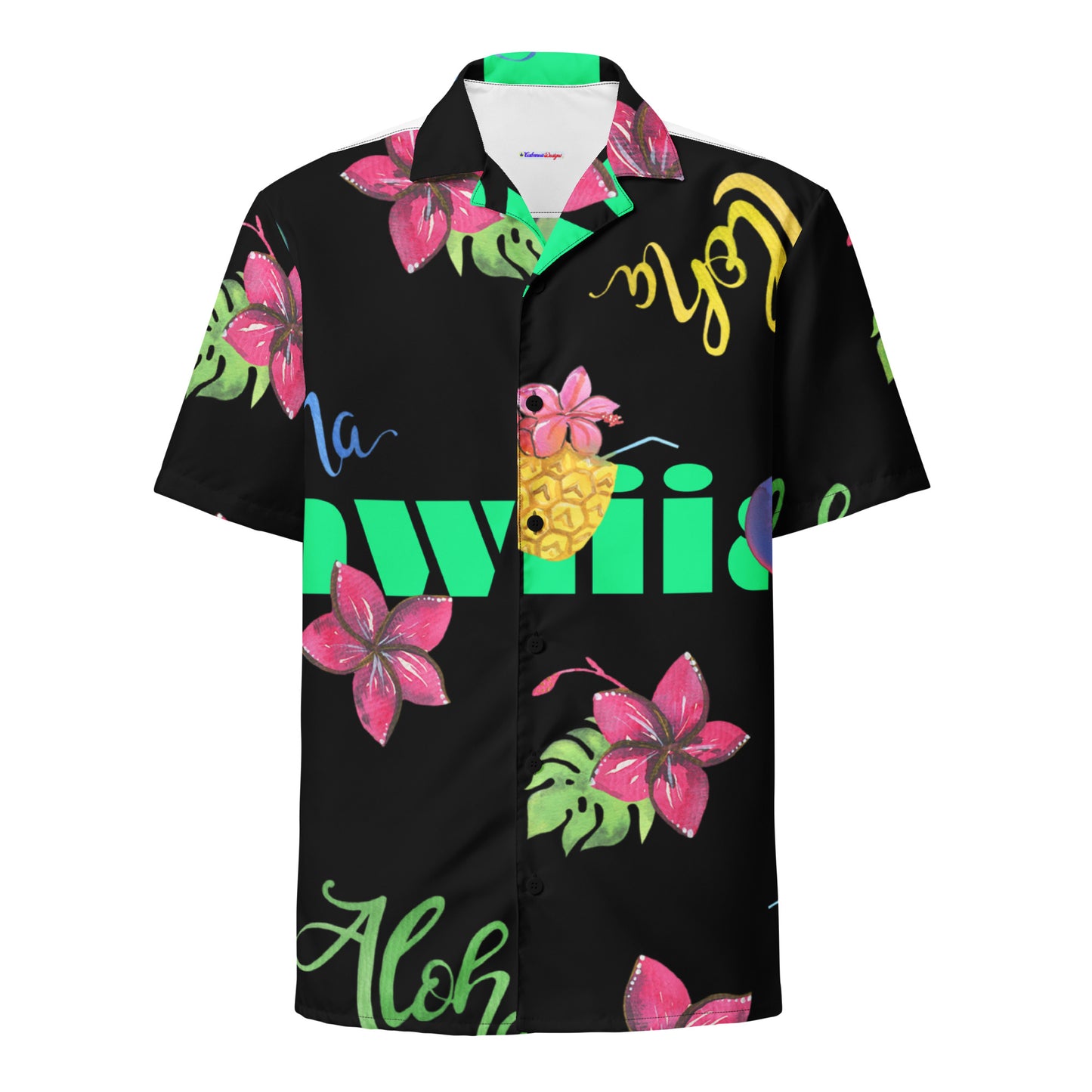 Water Color Hawaiian, Guitars, Flower's, Tropical Drinks, CALMNESS DESIGNS,  Creative Designer's, Unisex button shirt