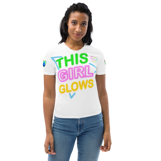 This Girl Glows Neon-Sign, Blue Triangle, CALMNESS DESIGNS,  Creative Designer's,  Women's T-shirt